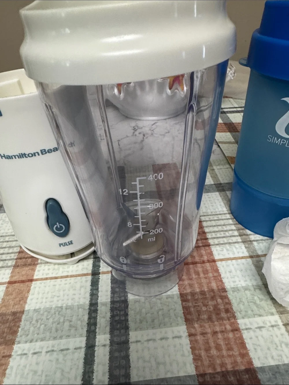 Hamilton Beach White Personal Blender with Blue Simply Shake Bottle